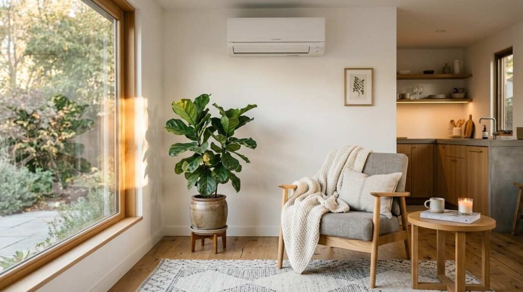 A white wall-mounted ductless mini-split air conditioner mounted above a cozy reading nook with a gray armchair, knit blanket, potted fiddle-leaf fig, and large picture window in a bright modern home