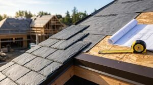 A natural slate tile roof under construction showing nailed slate courses, roofing felt underlayment, OSB decking, blueprints, and a tape measure with an active timber frame residential jobsite in the background