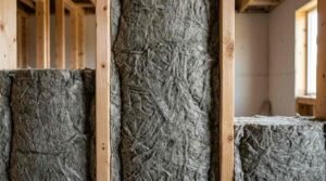 Close-up view of grey mineral wool insulation batts installed tightly between wooden wall studs in a residential construction or renovation project.
