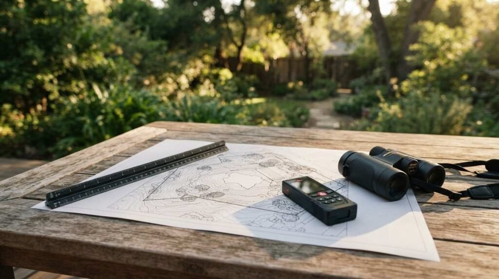A topographic site analysis map, black triangular architect's scale ruler, digital laser distance measurer, and compact binoculars resting on a weathered wooden table overlooking a lush backyard garden