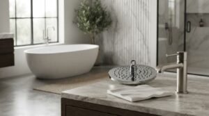 Modern luxury bathroom hardware finishes displayed on a marble-topped vanity, featuring a chrome shower head and a brushed metal faucet, with a freestanding soaking tub in the background.