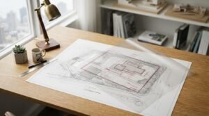 Architectural site layout plan on a wooden desk with a translucent drafting vellum overlay highlighting property boundary lines in red, beside a brass desk lamp and coffee mug