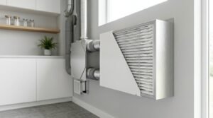 Wall-mounted residential air filtration system with a cutaway view showing the pleated filter media, connected to metal and insulated ductwork in a utility room.