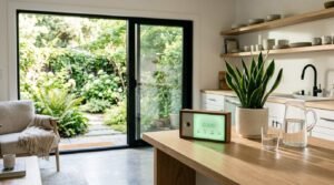 A modern digital indoor air quality monitor displaying a green 'GOOD' status on an oak kitchen island beside a potted snake plant, glass pitcher, and open sliding glass doors leading to a lush patio garden