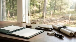 Wooden office desk featuring an open leather portfolio document, a small brass scale of justice, a magnifying glass, tied rolled blueprints, and a pen tray with a wooded construction site view in the background.