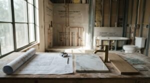 Architectural blueprints, a measuring tape, drafting pencil, and material finish samples including marble slab, wood veneer, and tile displayed on a workbench inside a bathroom under construction with rough framing and plumbing visible in the background.