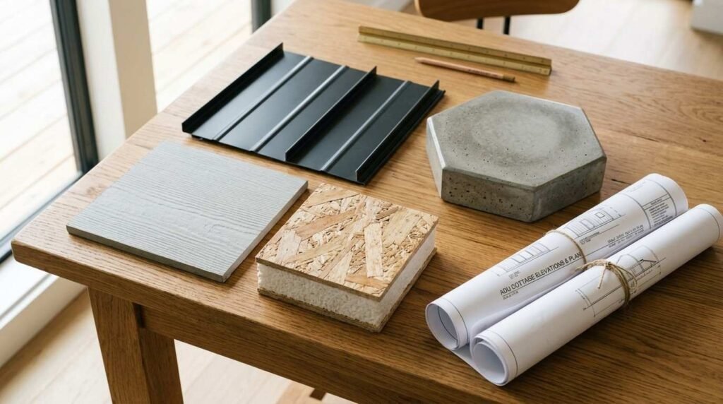 A curated flat-lay of modern construction material samples including black standing seam metal roofing, a SIP insulation panel, fiber cement siding, a concrete paver, and rolled ADU cottage architectural plans on an oak table