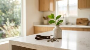 A leather strap keychain with house keys resting beside a small ceramic vase with green foliage on a white waterfall quartz kitchen island in a modern, sunlit home