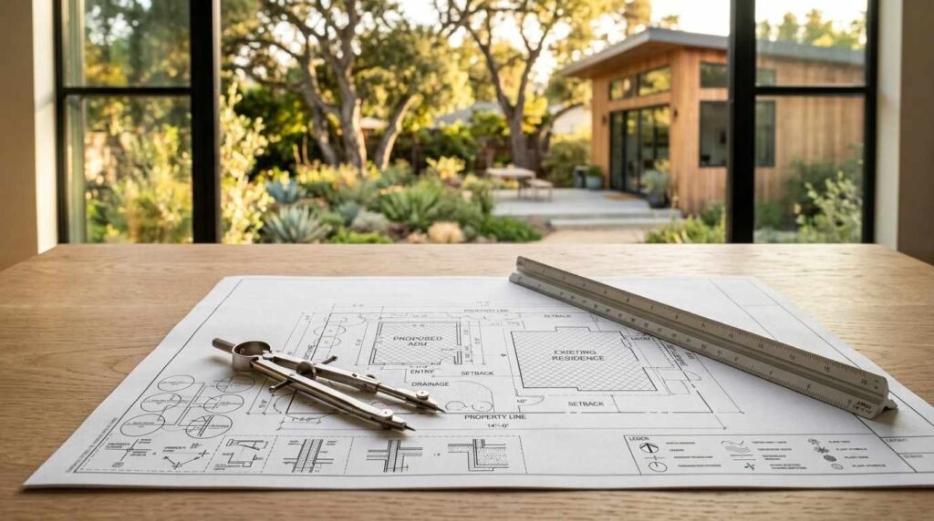 An architectural plot plan showing a proposed ADU layout with a drafting compass and triangular scale ruler on a wooden desk, looking out through large windows toward a landscaped backyard and modern cedar studio cottage