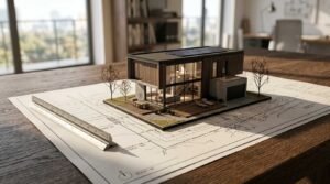 Detailed 3D architectural scale model of a modern two-story house with rooftop solar panels resting on a site plan drawing with a scale ruler on a dark wooden desk