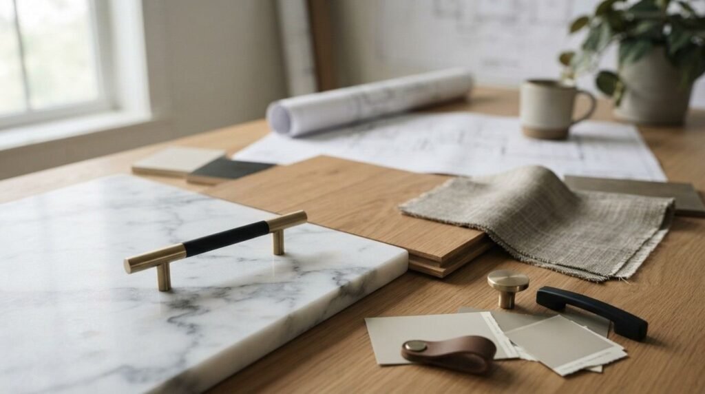 Custom home interior material samples and hardware selections arranged on a wooden table, featuring a white marble slab, hardwood flooring planks, textured fabric swatches, cabinet pulls, and paint swatches next to architectural blueprints.