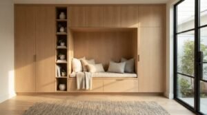 A custom white oak floor-to-ceiling built-in storage unit featuring an integrated daybed reading nook with throw pillows, narrow display cubbies, and under-bench storage drawers beside a glass patio door