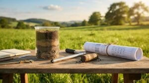 A glass beaker showing stratified soil layers, a stainless steel soil core sampler, an extracted soil core, caliper, open field notebook, and rolled geotechnical blueprints on a rustic wooden bench in a grassy field