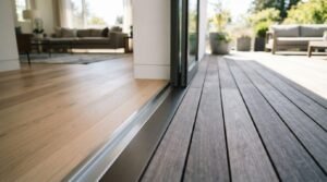 A close-up view of a zero-step flush threshold and sliding glass door track seamlessly connecting interior oak hardwood floors to an outdoor composite wood patio deck