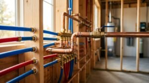 A residential plumbing rough-in system featuring copper main supply lines with a brass ball valve manifold connected to red hot and blue cold flexible PEX pipes running through wood framing studs