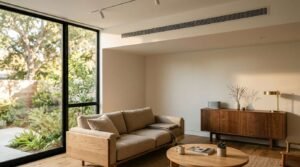 A contemporary minimalist living room featuring a linear slot HVAC diffuser integrated into the bulkhead ceiling above an oak-framed sofa, walnut credenza, and floor-to-ceiling window looking out to a garden