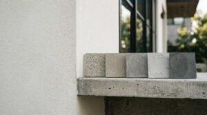 Five square plaster, cement, and stucco texture finish sample blocks arranged on an exterior concrete ledge against a white textured stucco building wall