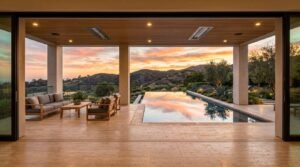 Seamless indoor-outdoor living transition featuring an open-covered patio with wooden ceiling, lounge seating, and an infinity pool reflecting a vibrant hillside sunset