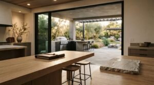 Leather-bound journal on a wooden island counter with bar stools, opening through sliding glass doors to a covered outdoor patio kitchen and fire pit