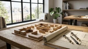 Wooden architectural massing models and urban planning block layouts arranged on a drafting desk alongside rolled floor plan blueprints, a drafting compass, pens, and a scale ruler, with a bright office interior and city window view in the background.