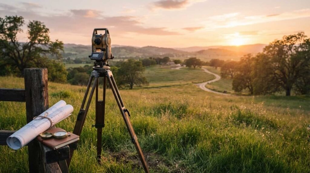A land surveying total station on a tripod overlooking a rolling green landscape and winding road at sunset, with a rolled blueprint and compass resting on a wooden fence post in the foreground.