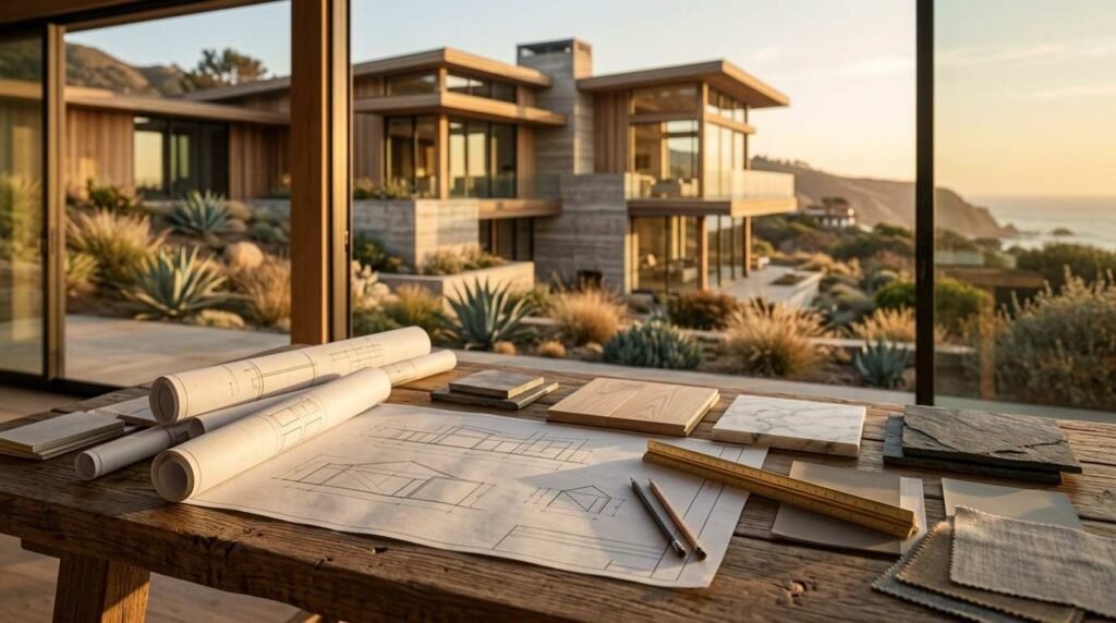 Architect's wooden desk featuring rolled blueprints, material finish samples, and a ruler overlooking a modern luxury coastal home at sunset.