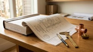 A bound volume of residential architectural blueprints open to a utility and electrical layout plan, with a fountain pen, brass caliper, and copper plumbing fittings on a wooden desk