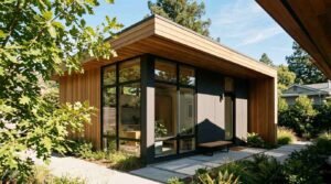 A contemporary detached ADU featuring vertical natural wood siding, matte charcoal accent panels, large floor-to-ceiling corner glass windows, and a wide cantilevered roof overhang with a concrete paver walkway