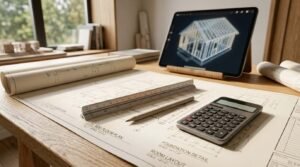 Architectural ADU blueprints laid out on a wooden drafting desk with a scale ruler, pencil, calculator, and a tablet displaying a 3D wireframe house framing model