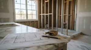 Architectural master bathroom layout blueprint, drafting pencil, and a tape measure resting on a marble vanity countertop inside a home under construction with wooden wall framing in the background.