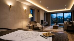 Lighting blueprint schematic, brass switch plate, and pen on a rustic wooden table with a warm, layered living room in the blurred background