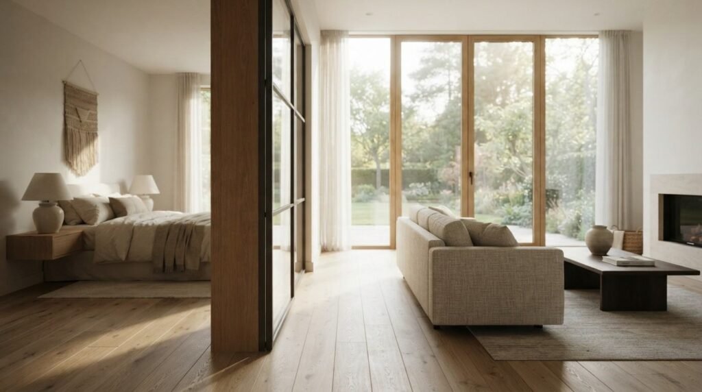 Modern custom home interior featuring a seamless transition between a bright living room with floor-to-ceiling glass doors and a cozy bedroom separated by a black steel-framed glass partition wall.