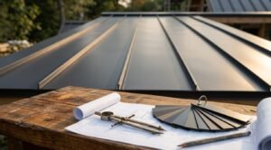 Architectural blueprints, a drafting compass, and a metal color swatch fan on a wooden workbench with a modern standing seam metal roof in the background.