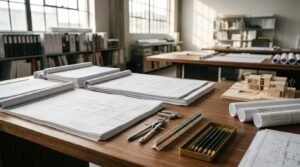 Architectural drafting office desk featuring stacked floor plan blueprints, a scale model home, drafting compasses, a triangular scale ruler, pencils in a tray, and rolled blueprints in a sunlit design studio.