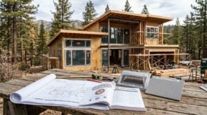 Architectural blueprints, California WUI fire safety manual, an ember-resistant vent, and siding sample displayed on a wooden table in front of a modern home under construction in a pine forest