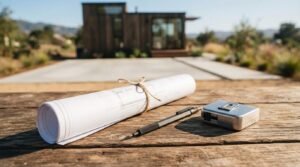 Rolled architectural blueprints tied with string, a mechanical pencil, and a metallic tape measure on a wooden outdoor table in front of a modern tiny house construction site
