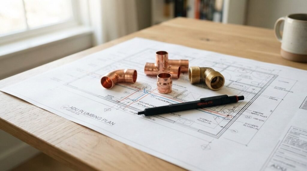 Copper and brass plumbing pipe fittings arranged over an ADU plumbing blueprint with a black drafting pencil on a wooden desk