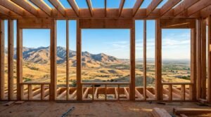 Interior view of a wood-framed residential construction site featuring large window openings overlooking a scenic mountain valley landscape.