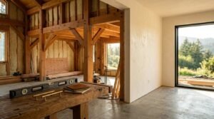 Interior view of a home undergoing construction, showing a timber-framed room with wall insulation alongside a completed plastered room, with a level tool and brass handles on a workbench in the foreground