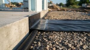 Black perforated French drain pipe laid in gravel next to a concrete foundation slab with waterproof membrane flashing