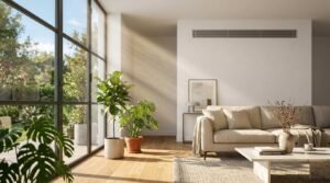 Sunlight streaming through steel-framed glass patio doors into a modern neutral living room with potted fiddle leaf fig and monstera plants, sofa, and linear HVAC diffuser vent