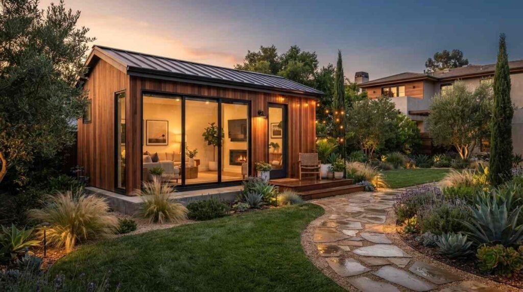 A modern timber-clad backyard ADU guest cottage illuminated at dusk, featuring large sliding glass doors, a metal standing seam roof, and a curved stone paver walkway through a landscaped garden