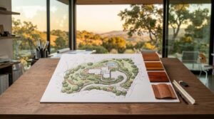 Hand-drawn architectural site plan board on a wooden desk with wood finish swatches and a terracotta roof tile sample overlooking a scenic hillside view