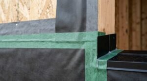 A close-up of weather-resistant barrier house wrap sealed with green flashing tape and sealant around a window rough opening on an OSB sheathed exterior wall