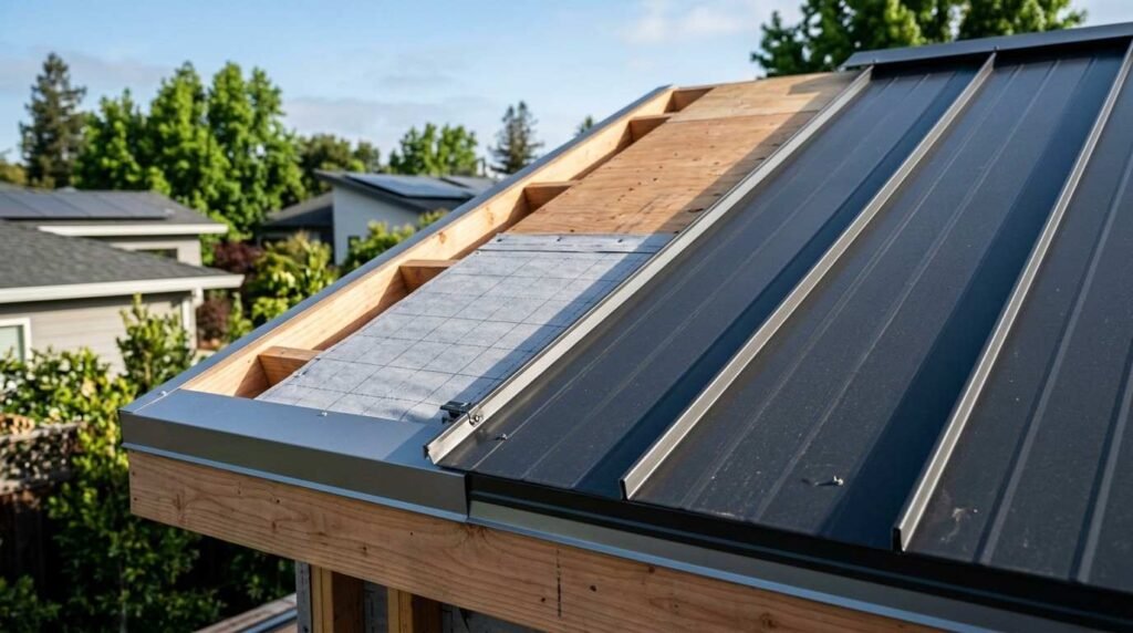 A cutaway view of a standing seam metal roof under construction, showing black metal roofing panels, synthetic underlayment, wooden roof deck sheathing, and perimeter drip edge flashing