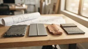 Four roofing material samples—slate, standing seam metal, terracotta tile, and asphalt shingle—laid out on a wooden table next to unrolled blueprints