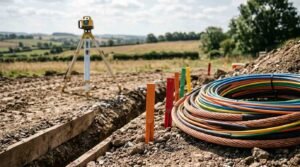 A large coil of multicolored utility cables and marker stakes beside a newly excavated construction trench, with a surveying laser level on a tripod and rolling countryside in the background.