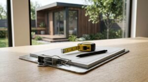 A metal clipboard with inspection documents, a black pen, and a yellow tape measure on a wooden desk overlooking a modern timber-clad backyard ADU through a window