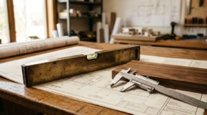 Vintage brass spirit level, vernier caliper, and wood swatch resting on unrolled architectural blueprints on a wooden workbench