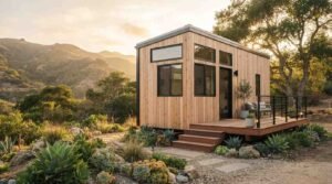 Exterior view of a modern tiny house with vertical cedar siding, black window frames, and a wooden deck set against a mountain landscape with succulent gardens